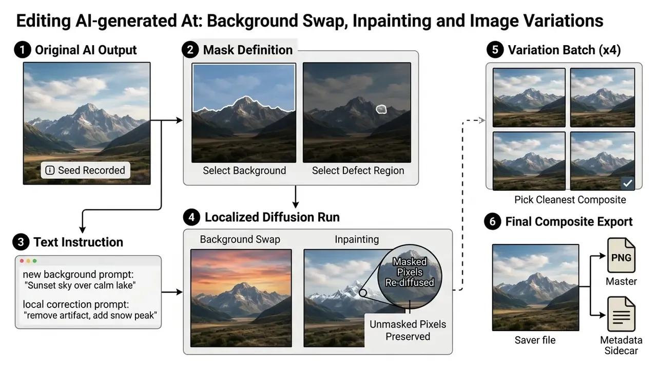 Six-step workflow diagram showing the process of masking, re-diffusing, and exporting edited image files