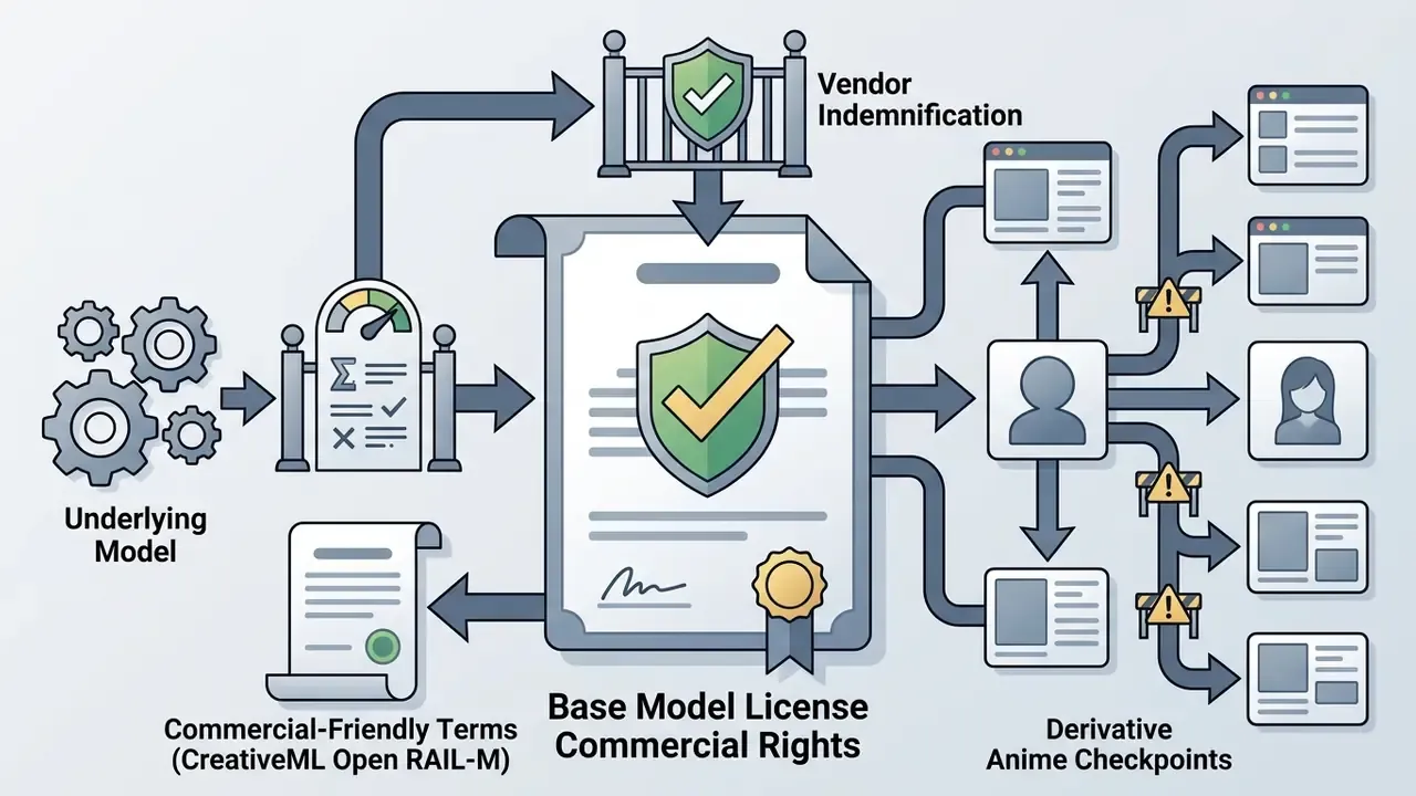 Visual representation of how base model licenses and commercial rights impact derivative anime checkpoints