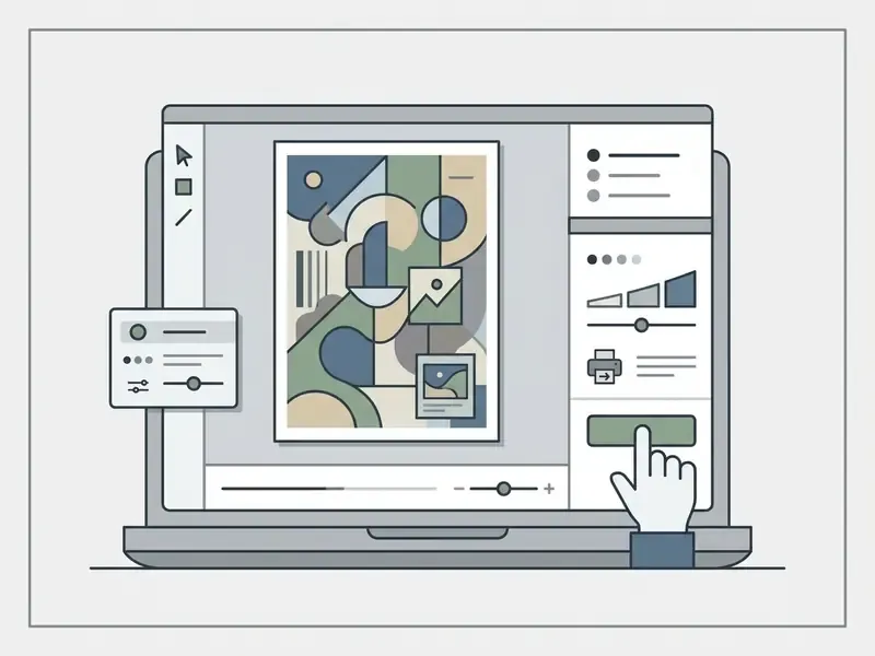 Laptop screen showing a graphic design interface with a hand clicking a button to finalize a poster