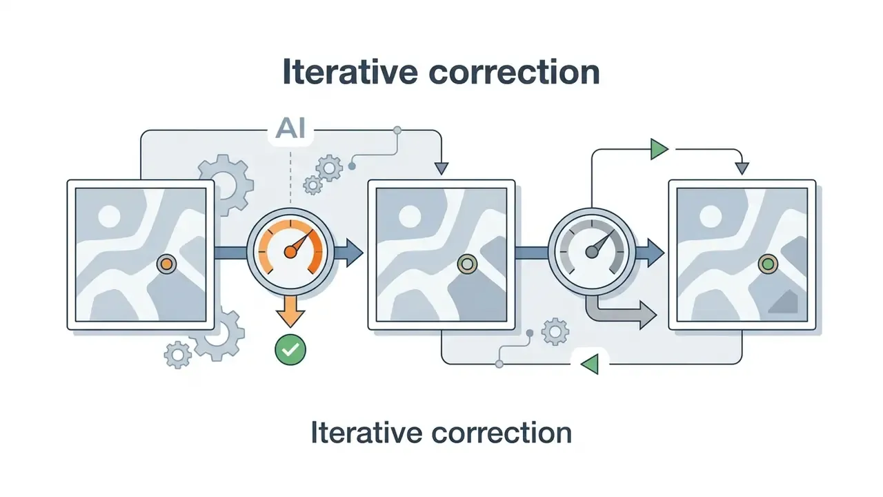 Series of image frames passing through gauges and gears to refine visual output quality