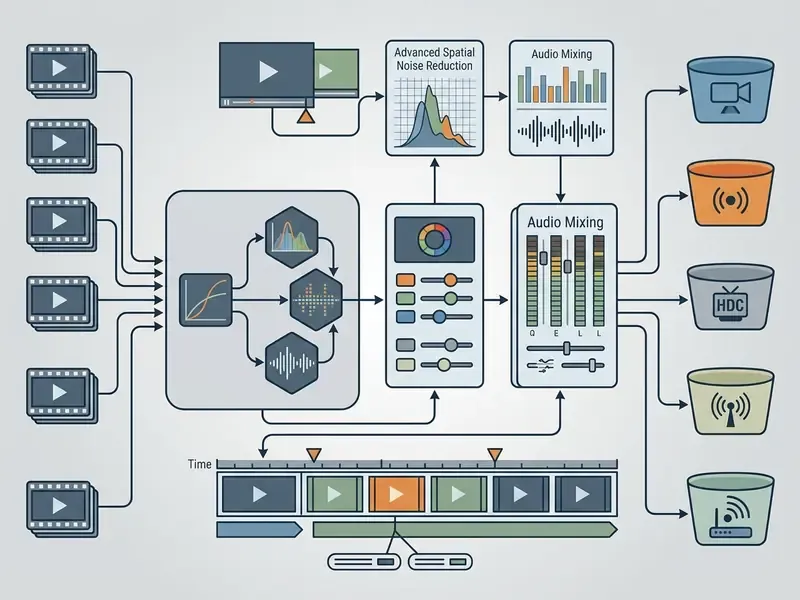 Workflow diagram showing video assets processed through node-based color grading and audio mixing tools