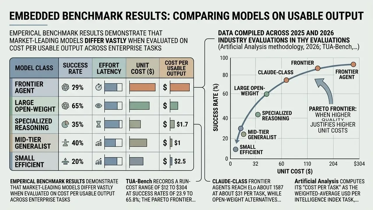 Table and Pareto frontier chart comparing AI model success rates and unit costs for Cost per Usable Output