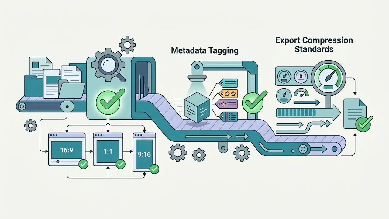 Conveyor belt moving media assets through aspect ratio adjustment, metadata tagging, and compression checks