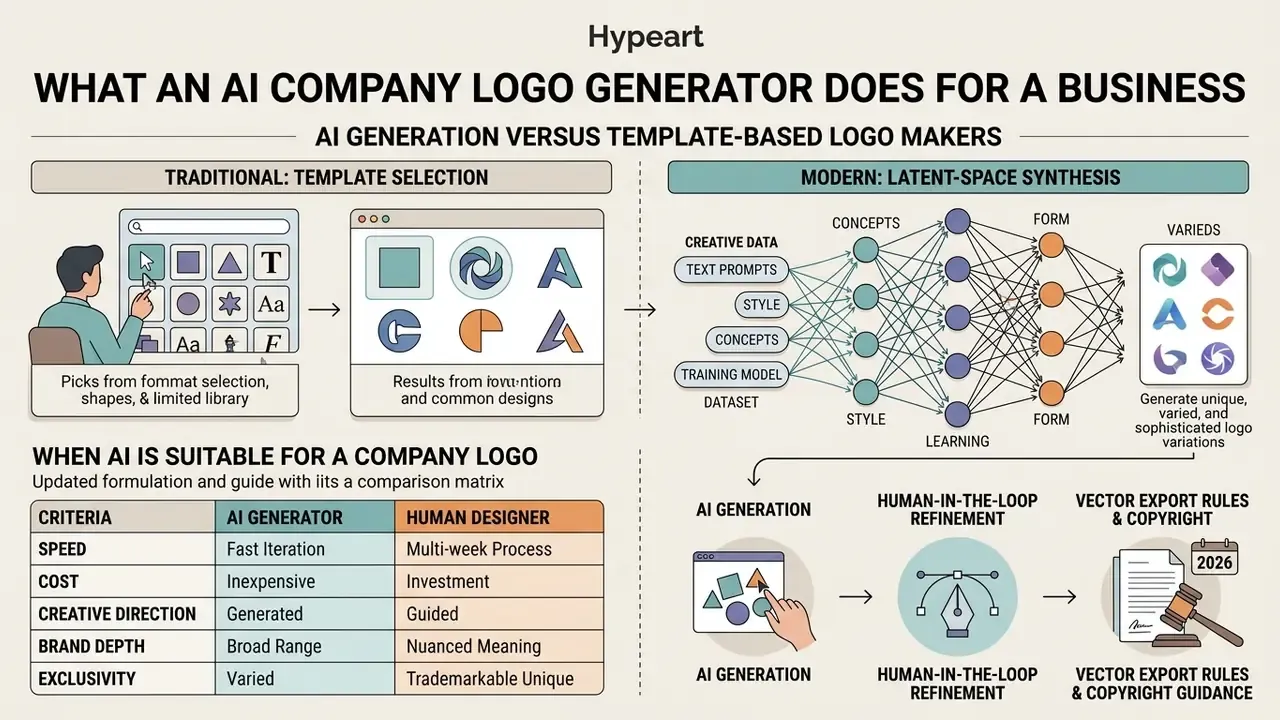 Comparison infographic showing template selection versus AI latent-space synthesis for logo creation
