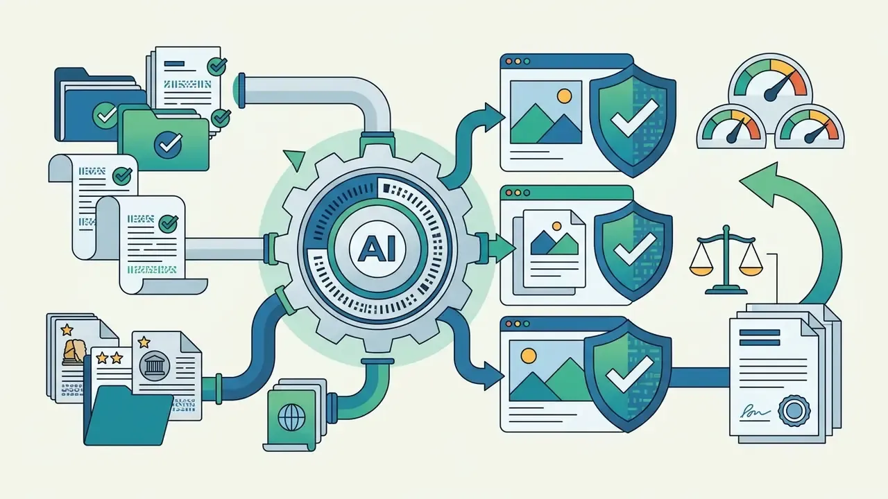 AI mechanism processing documents and images into protected files with legal scales and gauges