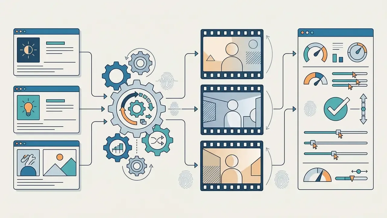 Inputs feeding into a central gear mechanism that outputs film frames to a control dashboard with gauges