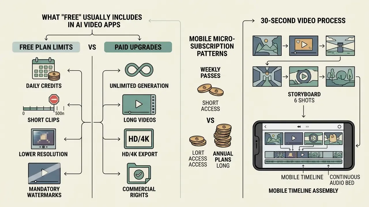 Comparison of free plan constraints against paid features and a six-shot mobile video assembly process