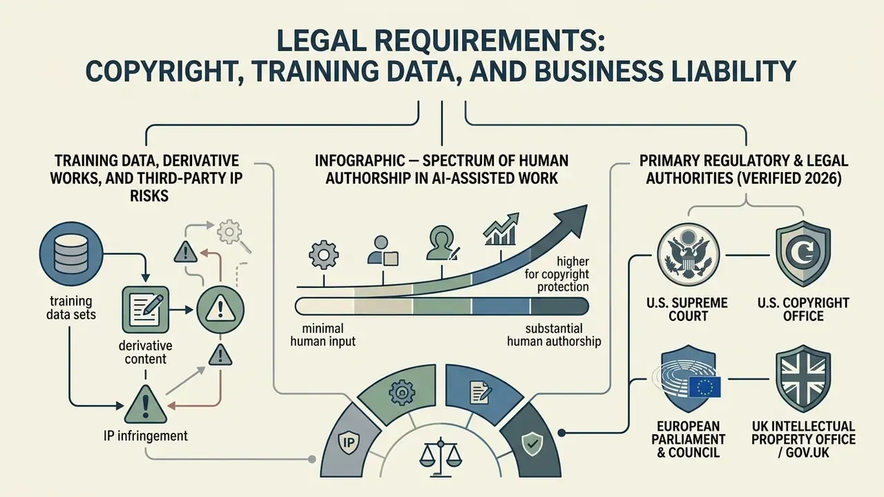 Flowchart mapping AI copyright risks, human authorship levels, and key global regulatory authorities