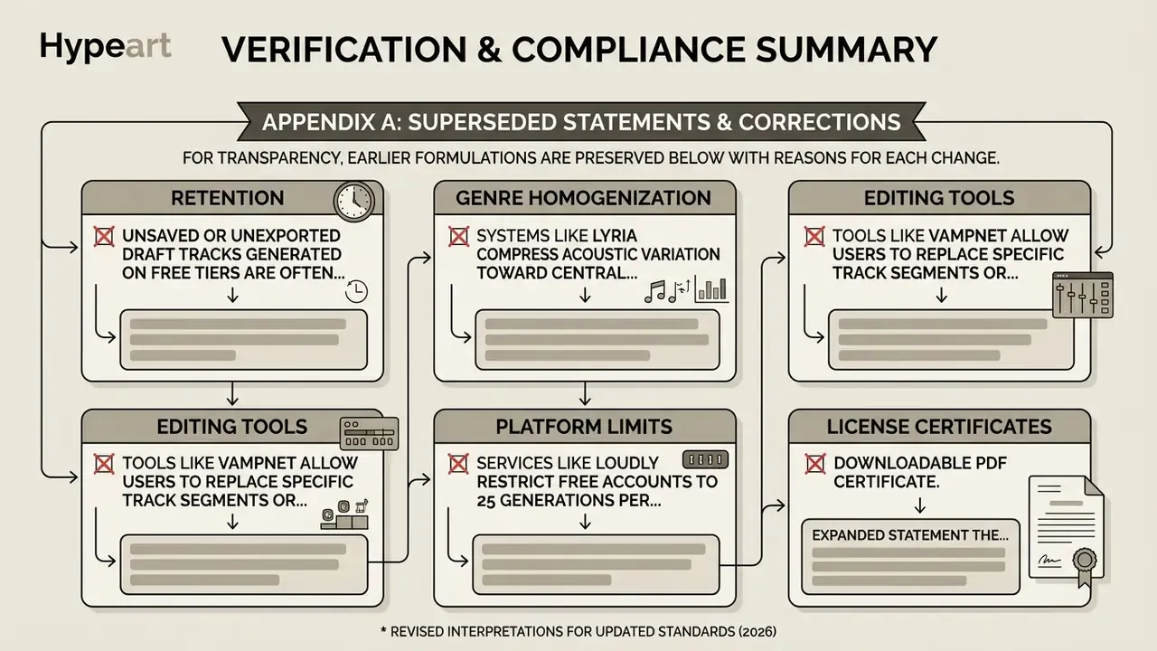 Table of superseded statements and corrections for various audio generation platform policies