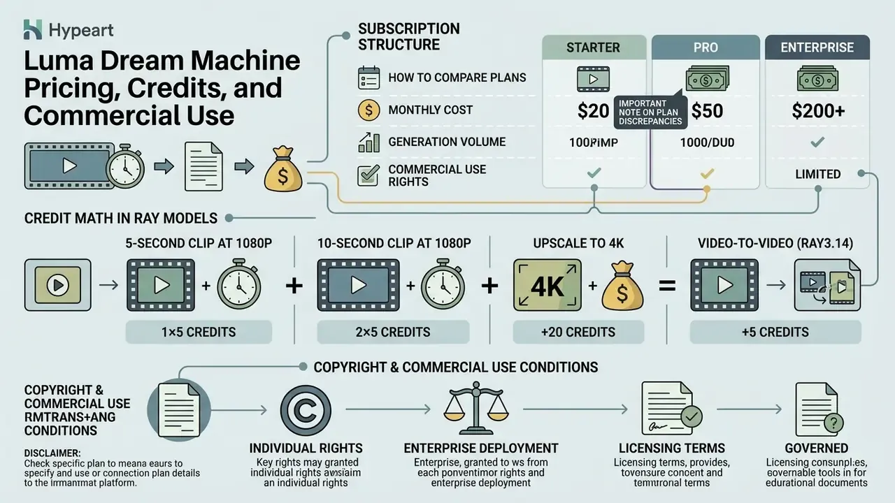 Infographic comparing Luma Dream Machine subscription plans, credit math for video tasks, and licensing terms