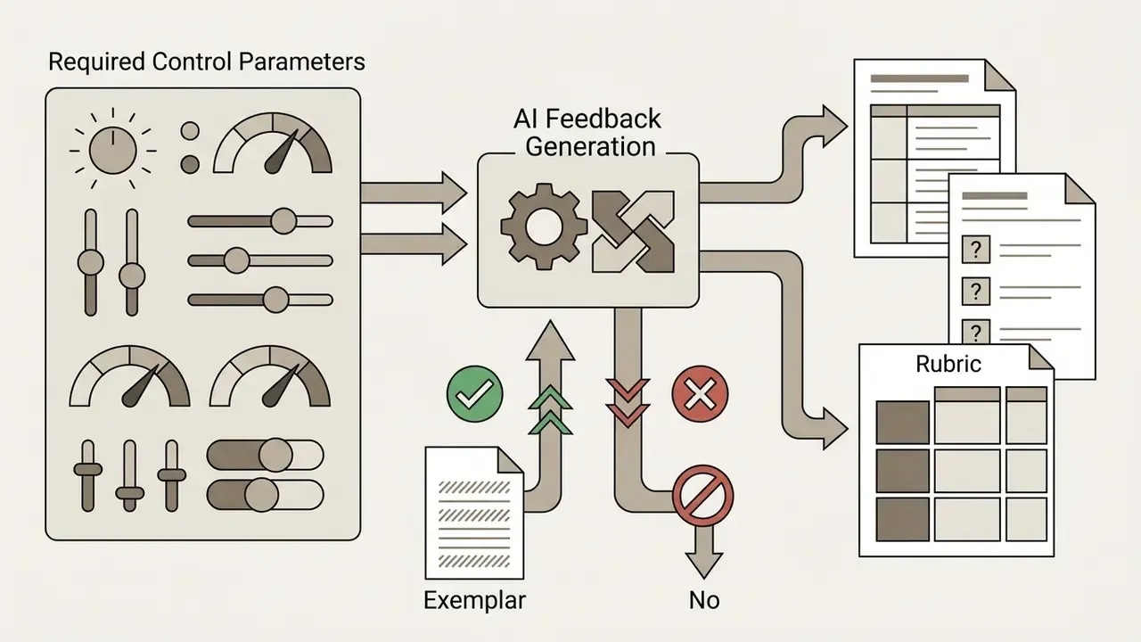 Control panel settings and exemplar documents feeding into an AI engine to produce structured rubrics