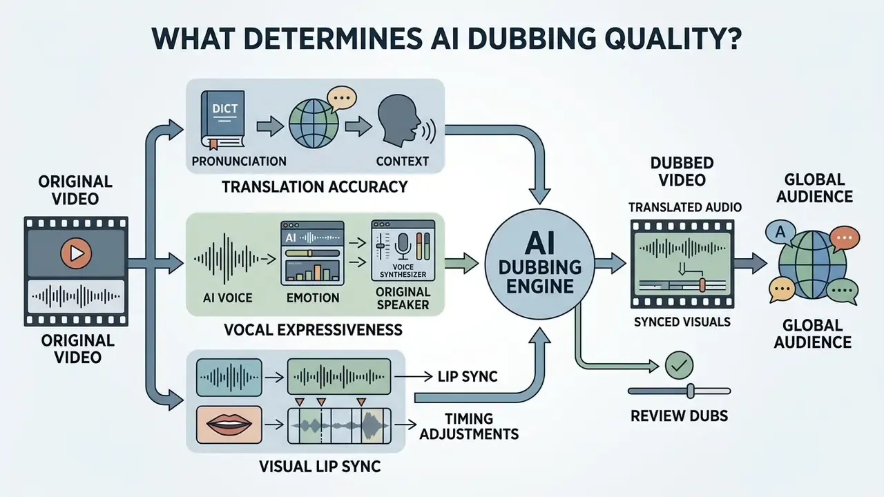 Infographic showing how translation accuracy, vocal expressiveness, and lip sync feed into an AI engine