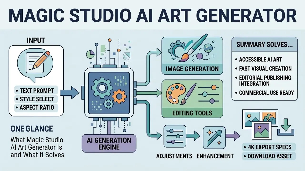 Flowchart showing how Magic Studio AI Art Generator processes text prompts into edited downloadable images
