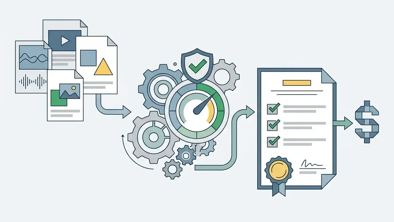 Media files flowing through a gear system with a gauge and shield to a certified document and dollar sign