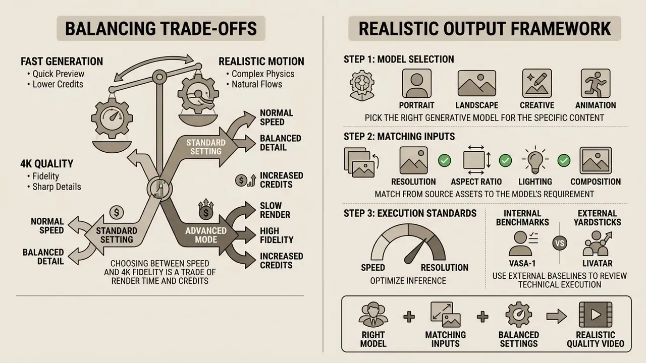 Comparison infographic balancing Akool image to video trade-offs against a three-step quality framework