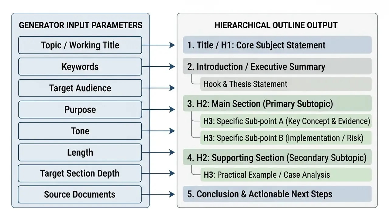 Diagram mapping eight specific input parameters to their corresponding sections in a structured document