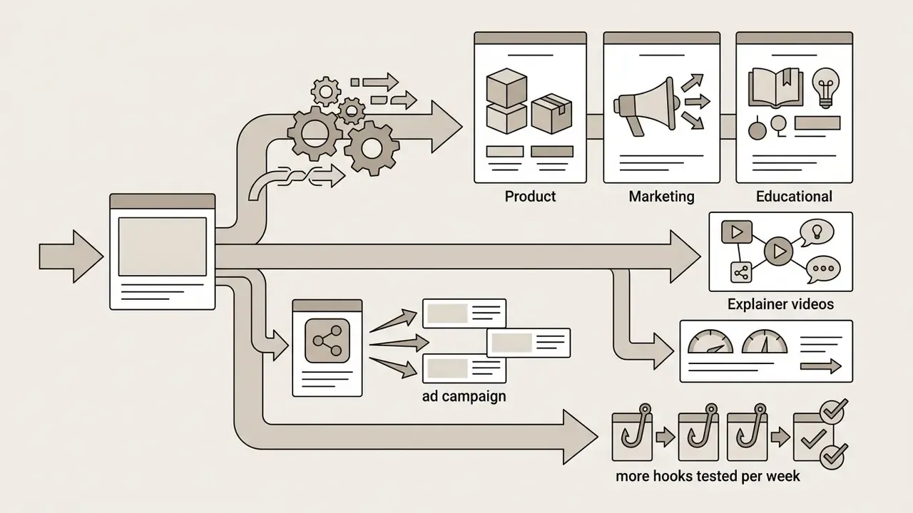 Document input branching into gear engines and pathways for marketing, ad campaigns, and testing video hooks