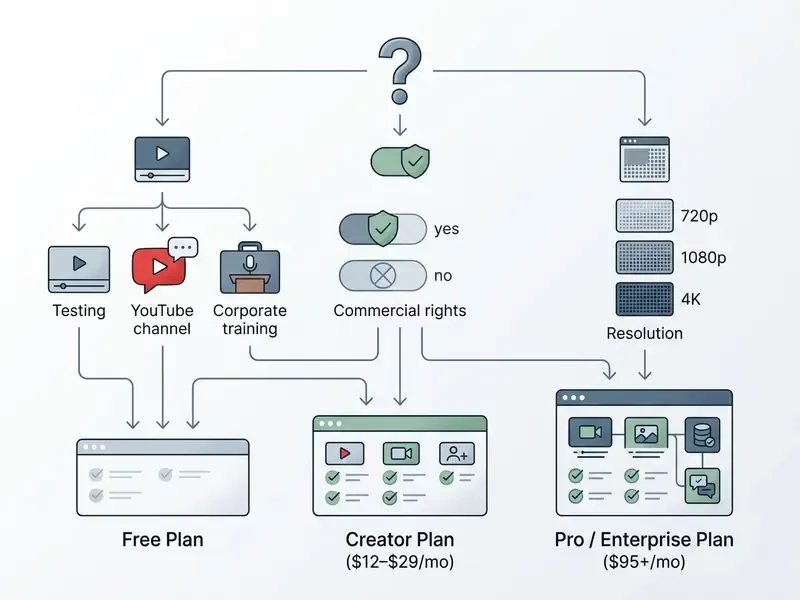 Decision tree matching video project requirements to free, creator, or pro AI video maker subscription plans