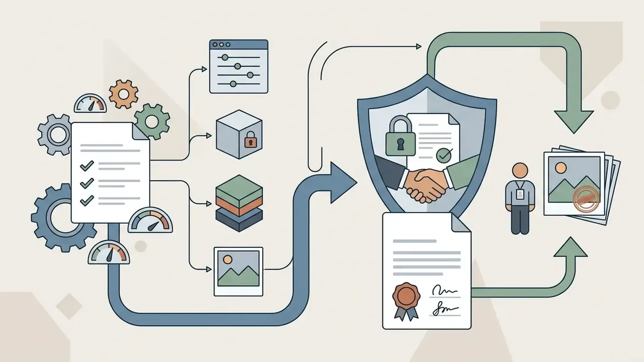 Process flow showing data inputs and settings being audited and verified by a shield for compliance