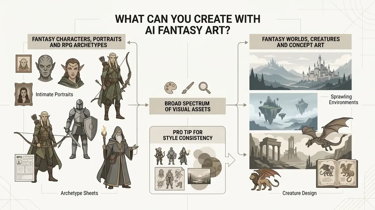 Infographic showing how AI fantasy art generators create character portraits and world environments