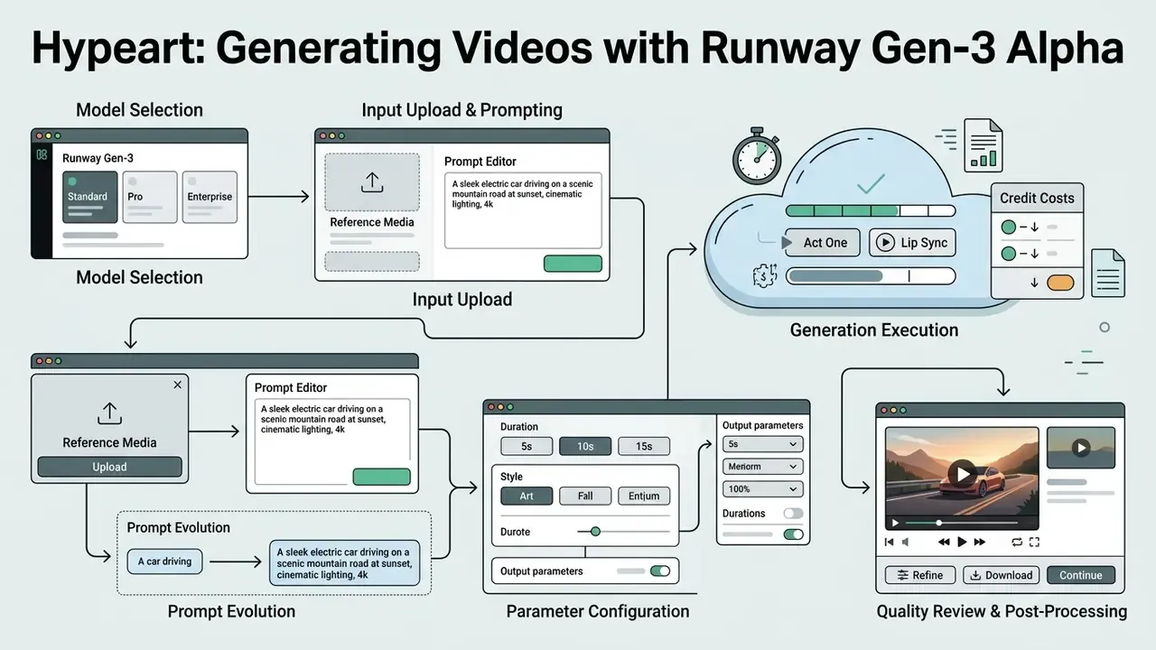 Step-by-step workflow diagram for Runway Gen-3 Alpha video generation from model selection to final output