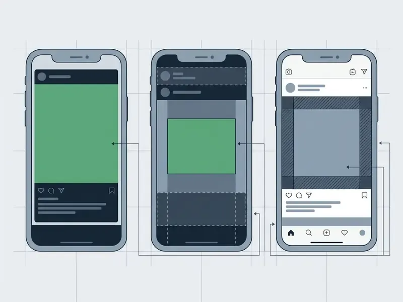 Three smartphone screens showing content placement guides with highlighted safe zones for video editing