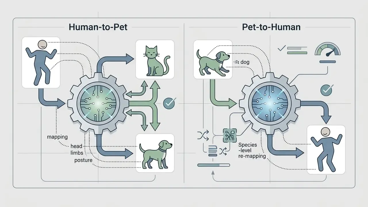 Gear processors mapping human and animal features to transform species while preserving pose and expression