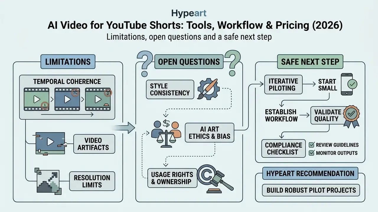 Infographic summarizing technical limitations, open ethical questions, and recommended pilot workflows