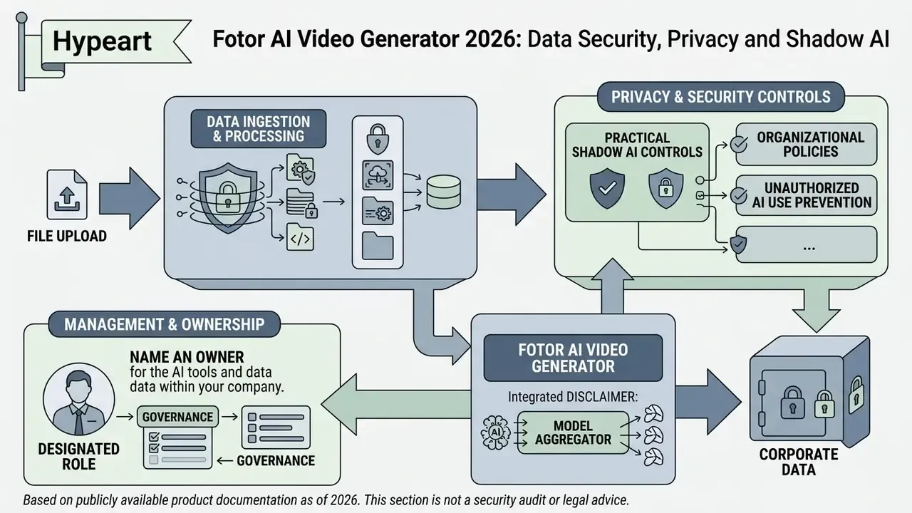 Flowchart illustrating data processing, security controls, management roles, and corporate data storage