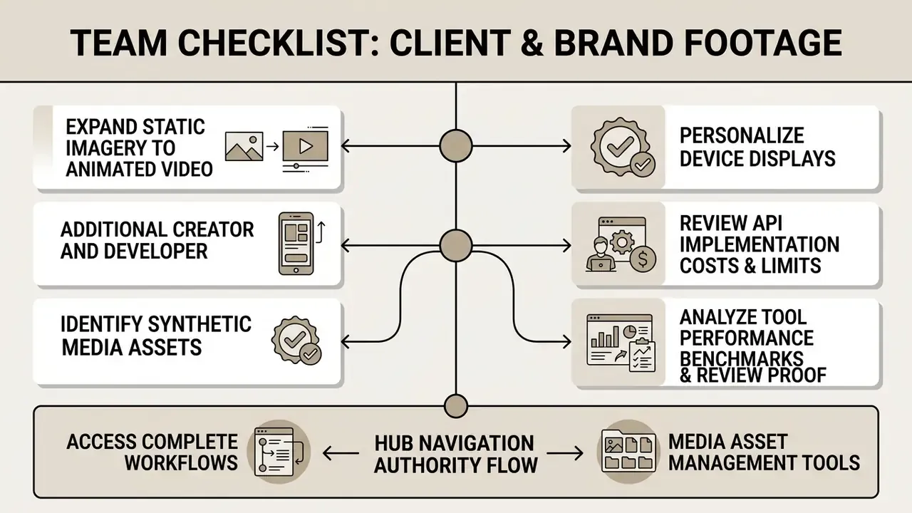 Centralized diagram listing tasks for managing client and brand footage with icons for each step