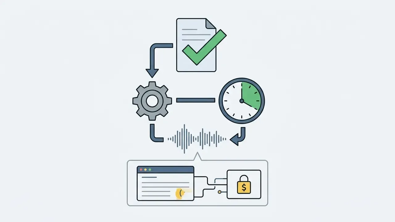 Document with checkmark, gear, and clock feeding into an audio waveform above a locked financial interface