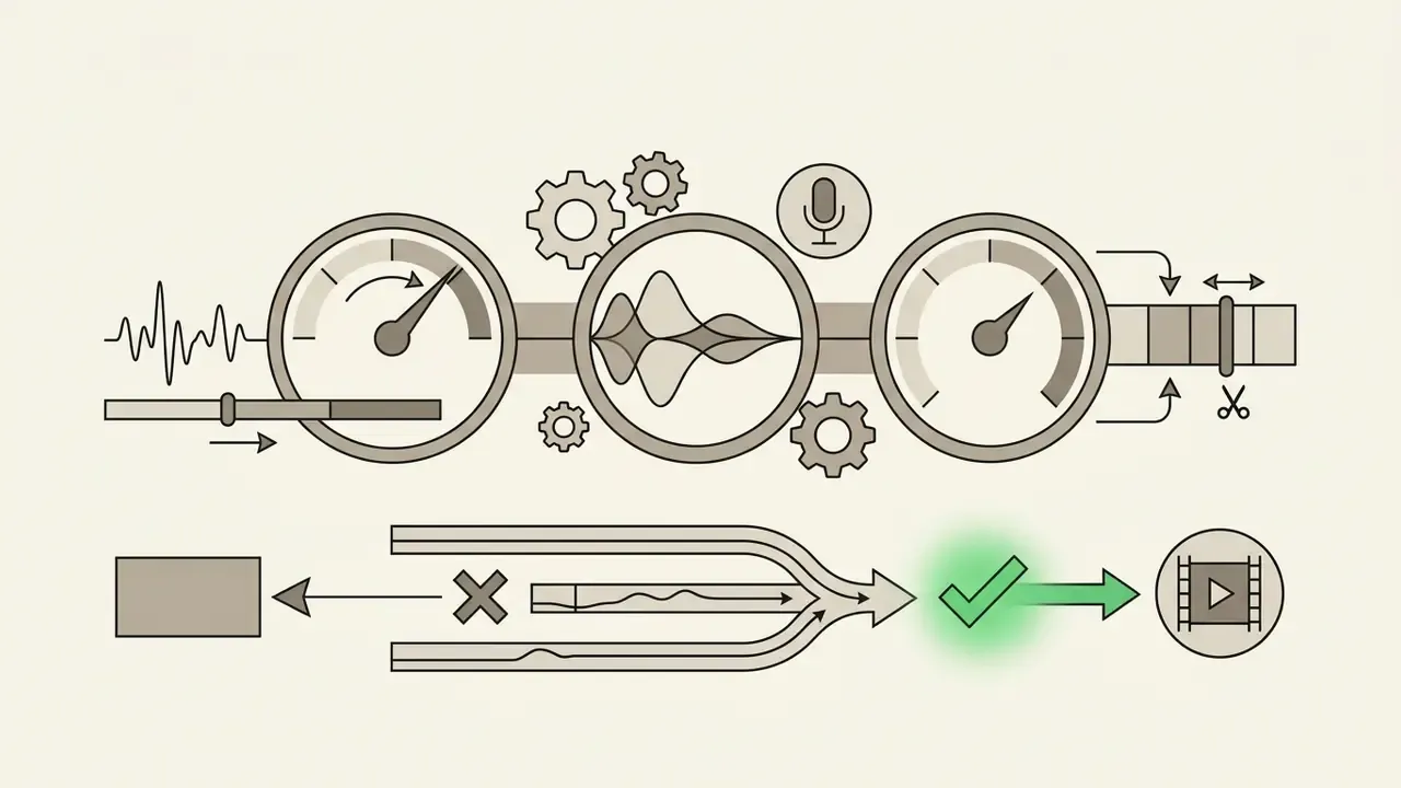 Dials and gears representing audio processing tools connected to a timeline with trim and sync controls