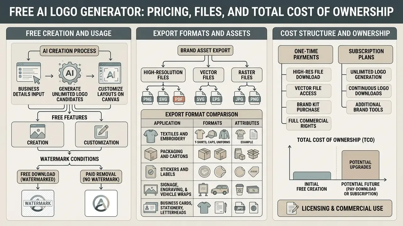 Comparison chart detailing logo creation workflows, file export formats, and ownership cost structures