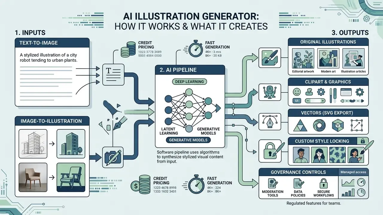 Infographic showing how an AI illustration generator processes text and image inputs into diverse outputs