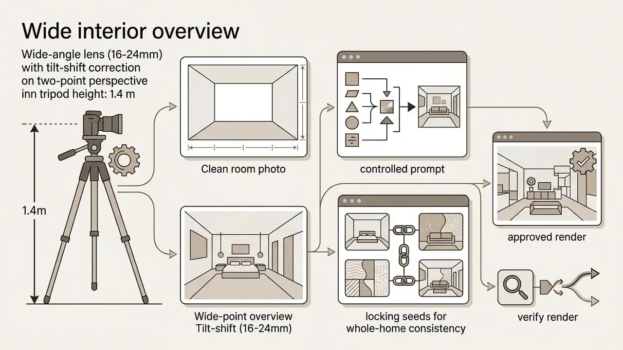 Technical diagram illustrating camera settings and software steps for achieving consistent interior renders