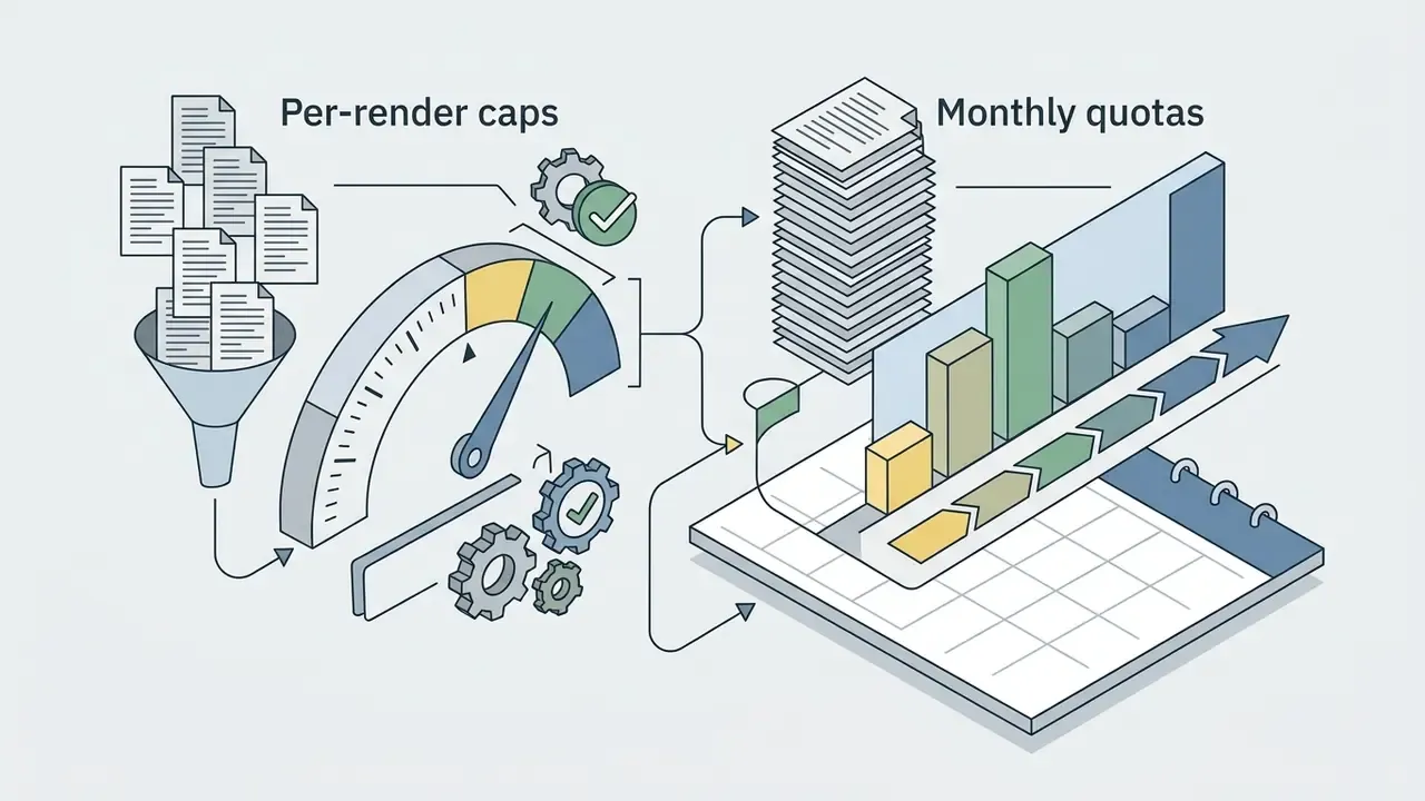 Documents passing through a funnel and gauge alongside a stack of papers and a bar chart on a calendar