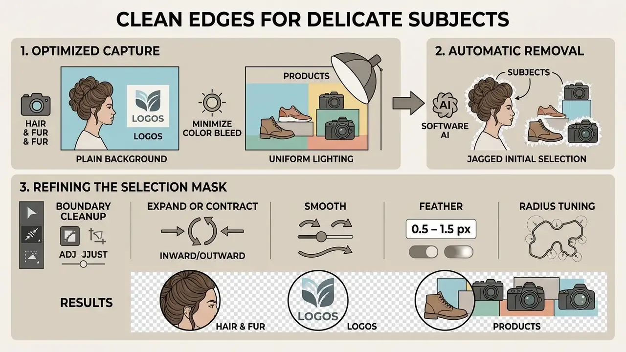 Infographic detailing the three-step process of capture, AI removal, and mask refinement for clean edges