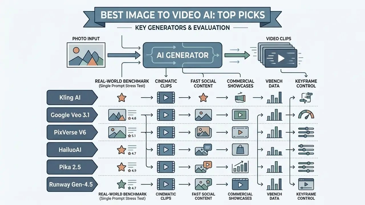 Comparison chart evaluating top image to video AI tools across performance benchmarks and use cases