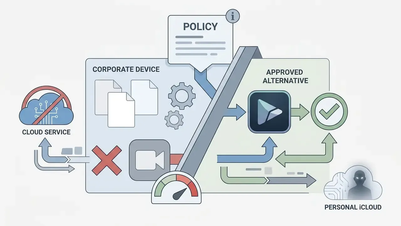Flowchart showing policy-driven redirection of media workflows from corporate devices to approved software
