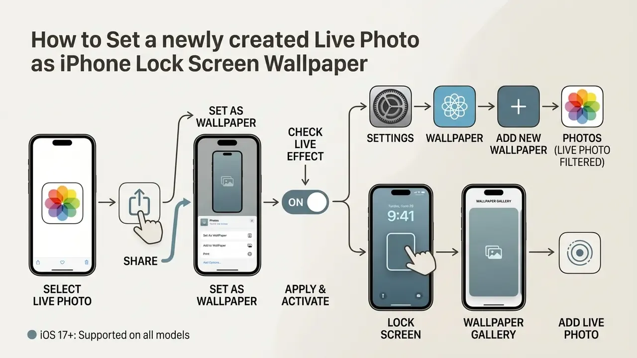 Step-by-step guide to selecting a Live Photo and applying it as an animated iPhone Lock Screen wallpaper