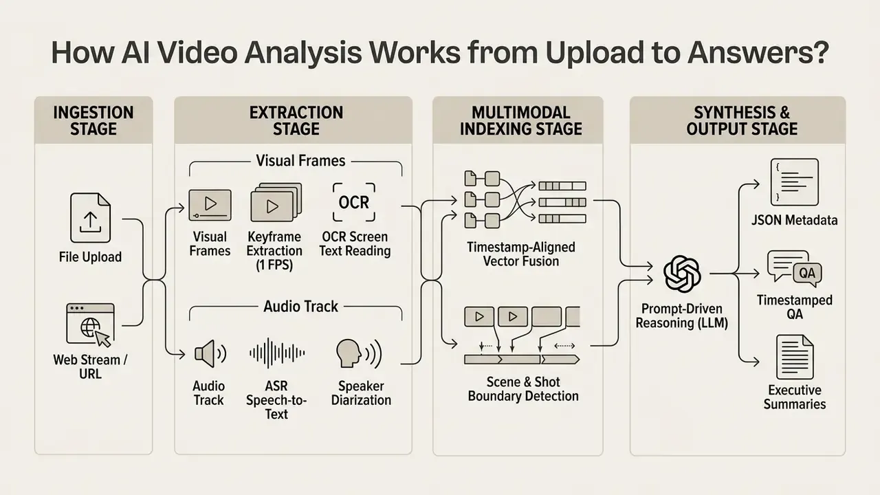 Four-stage process flow showing video ingestion, data extraction, multimodal indexing, and final output