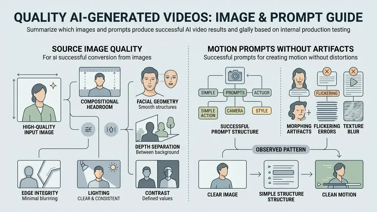 Infographic detailing essential source image qualities and effective prompt structures for video generation
