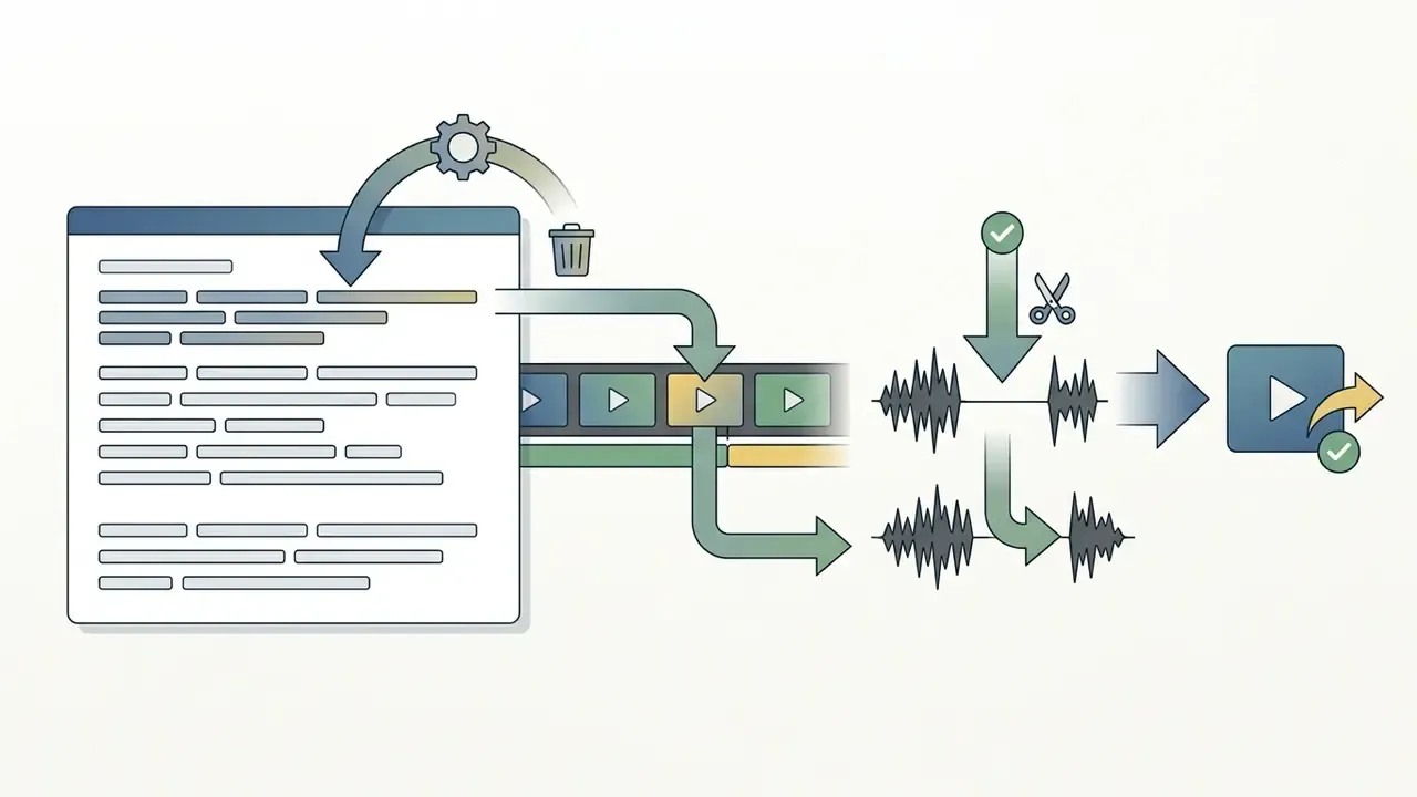 Transcript text being deleted to trigger automatic cuts in a video timeline and audio waveform