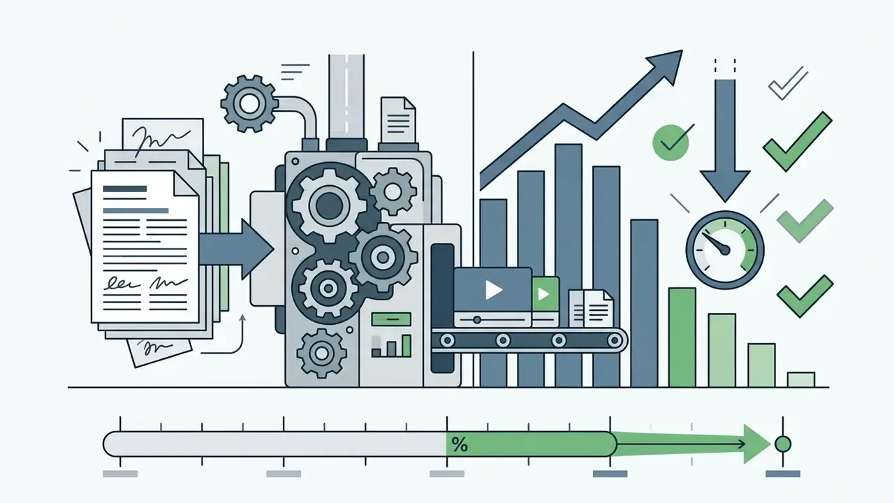 Mechanical engine processing documents into video clips alongside rising growth and falling cost charts