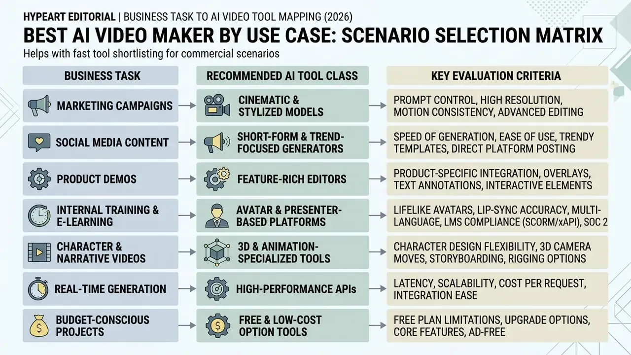 Matrix table mapping business tasks to recommended AI video tool classes and key evaluation criteria