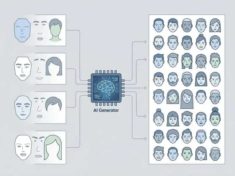Simplified face templates feeding into a central processor to output a grid of diverse human faces