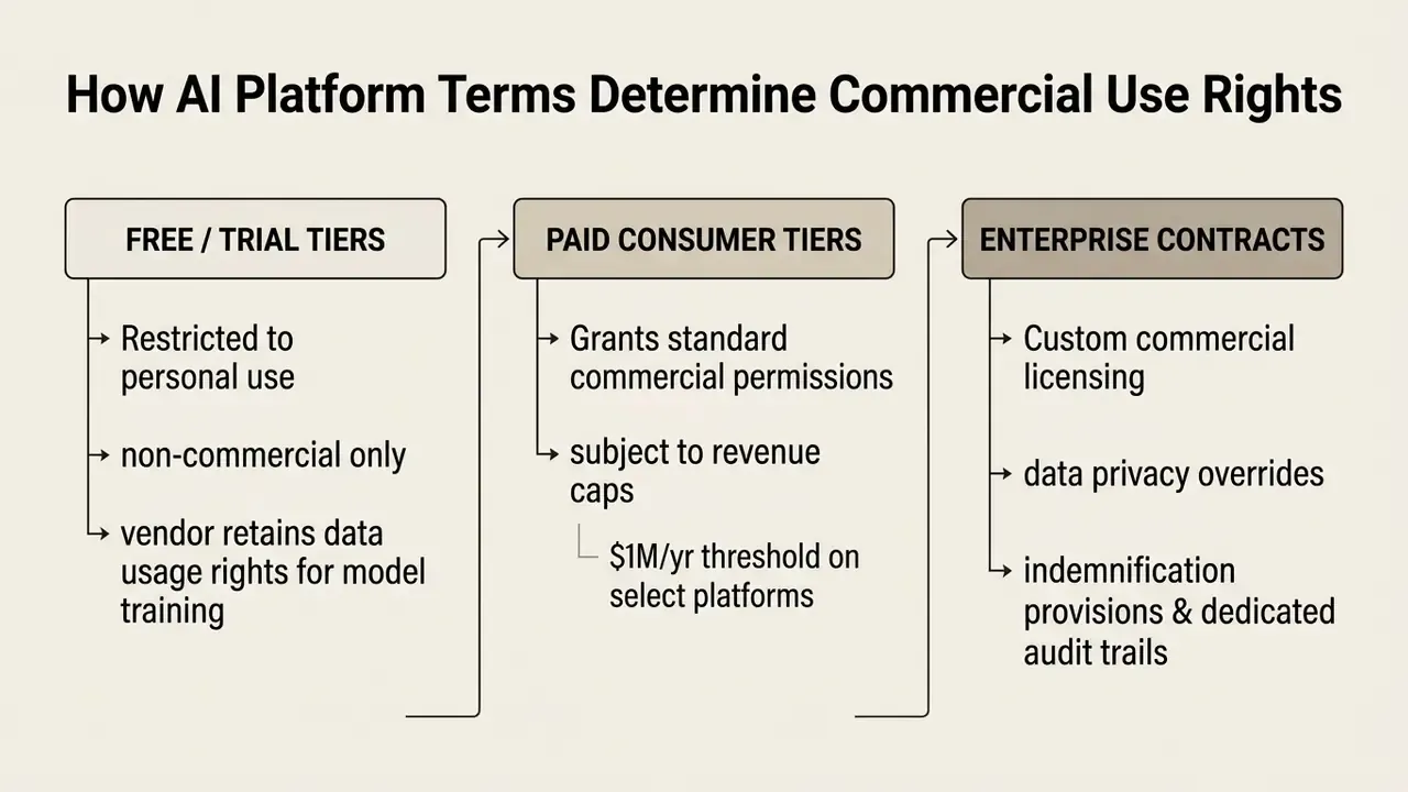 Comparison chart outlining commercial license tiers for AI platforms from free to enterprise contracts