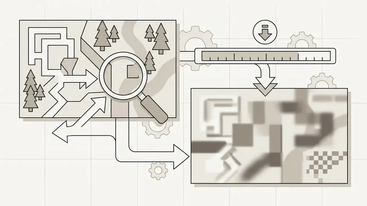 Magnifying glass over a sharp map leading to a blurred and pixelated version with a progress bar