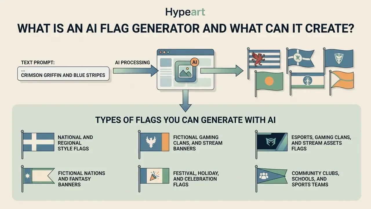 Infographic showing how text prompts are processed by an AI flag generator to create diverse flag designs
