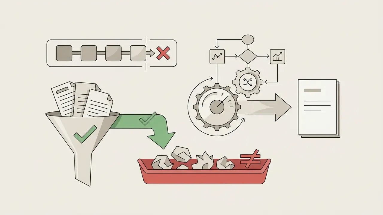 Documents passing through a filter to discard unwanted ideas before being processed by mechanical gears